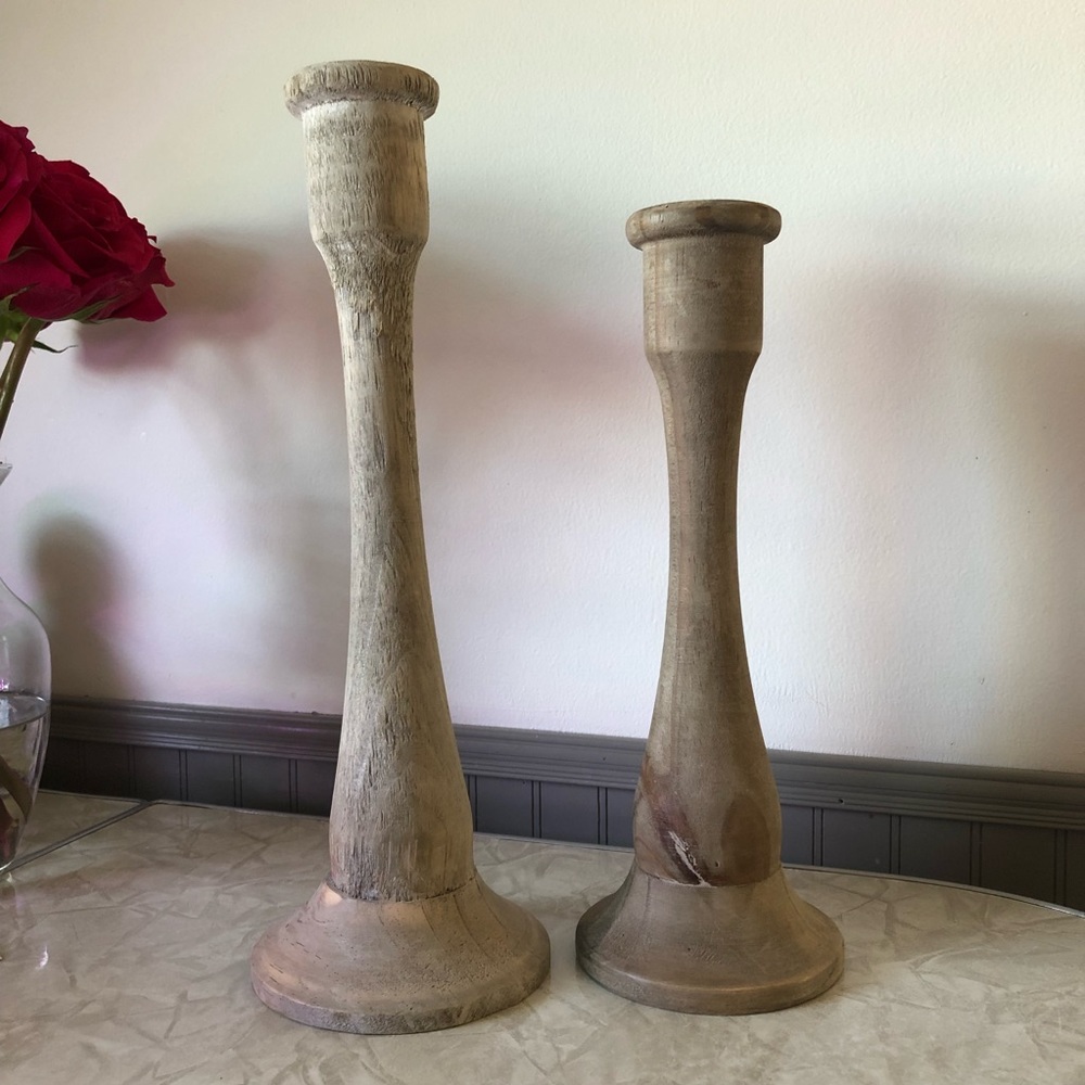 Antiqued wooden candlesticks